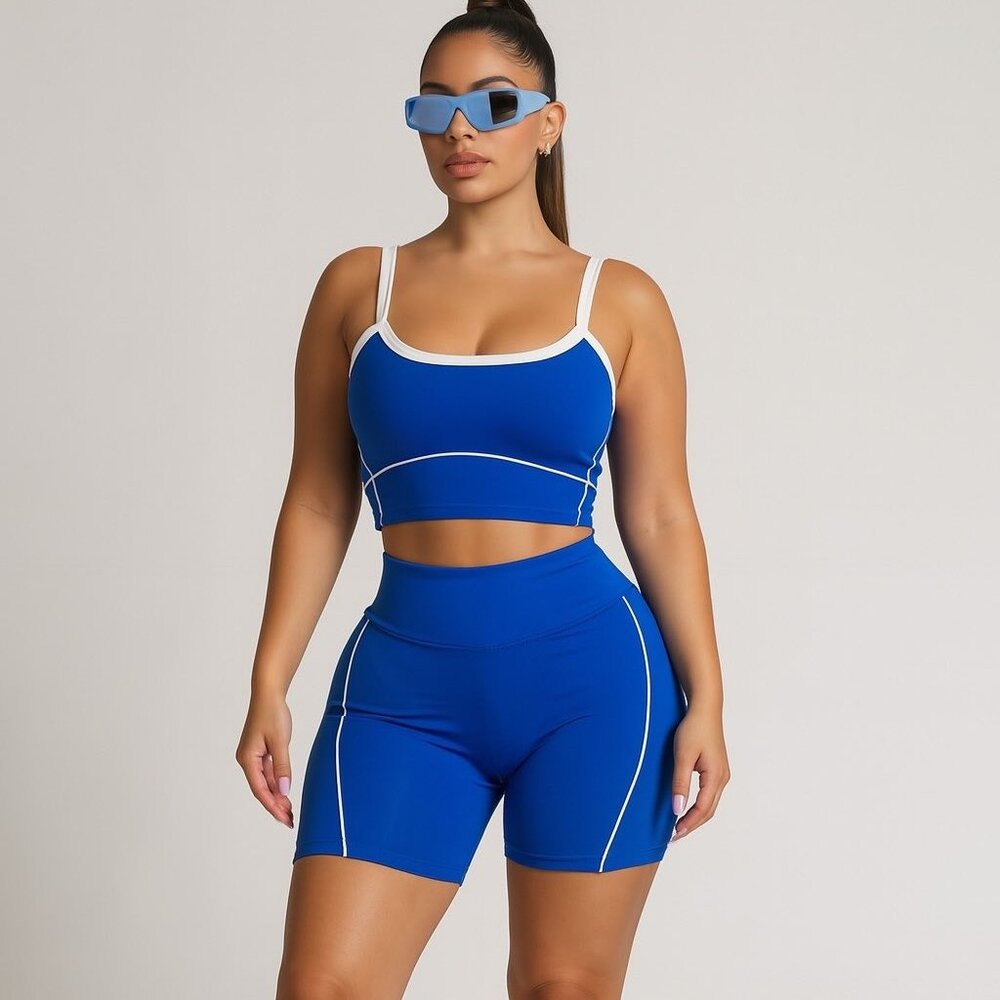 OTOS Activewear Athletic Set Sport Bra Short High Waisted Tummy Control Blue S